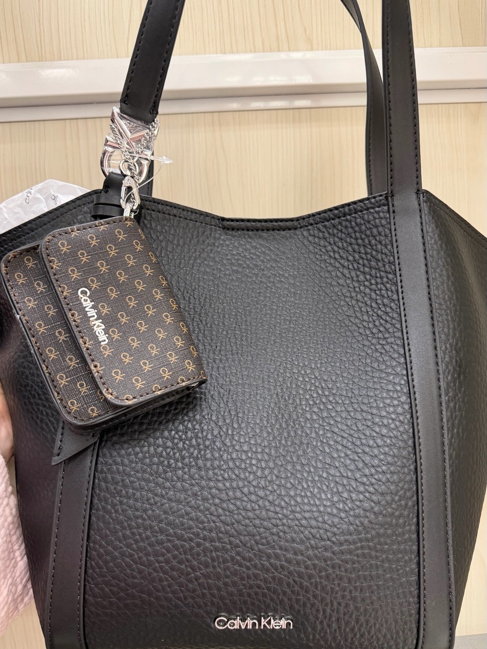 Calvin Klein Black Pebbled Leather Tote with Monogram Cardholder Charm